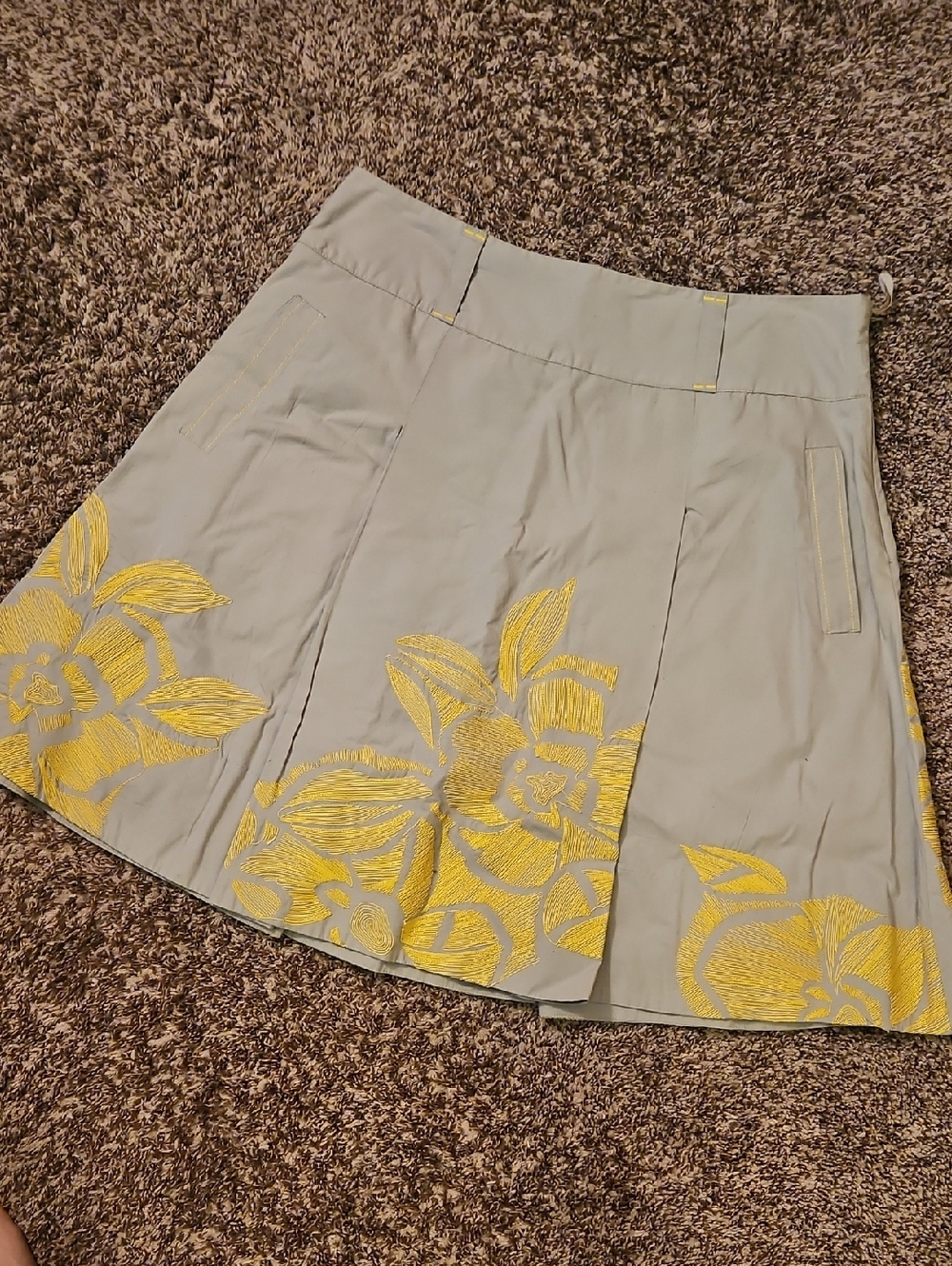Anthropologie Floreat Light Gray A-Line Skirt with Yellow Floral Embroidery